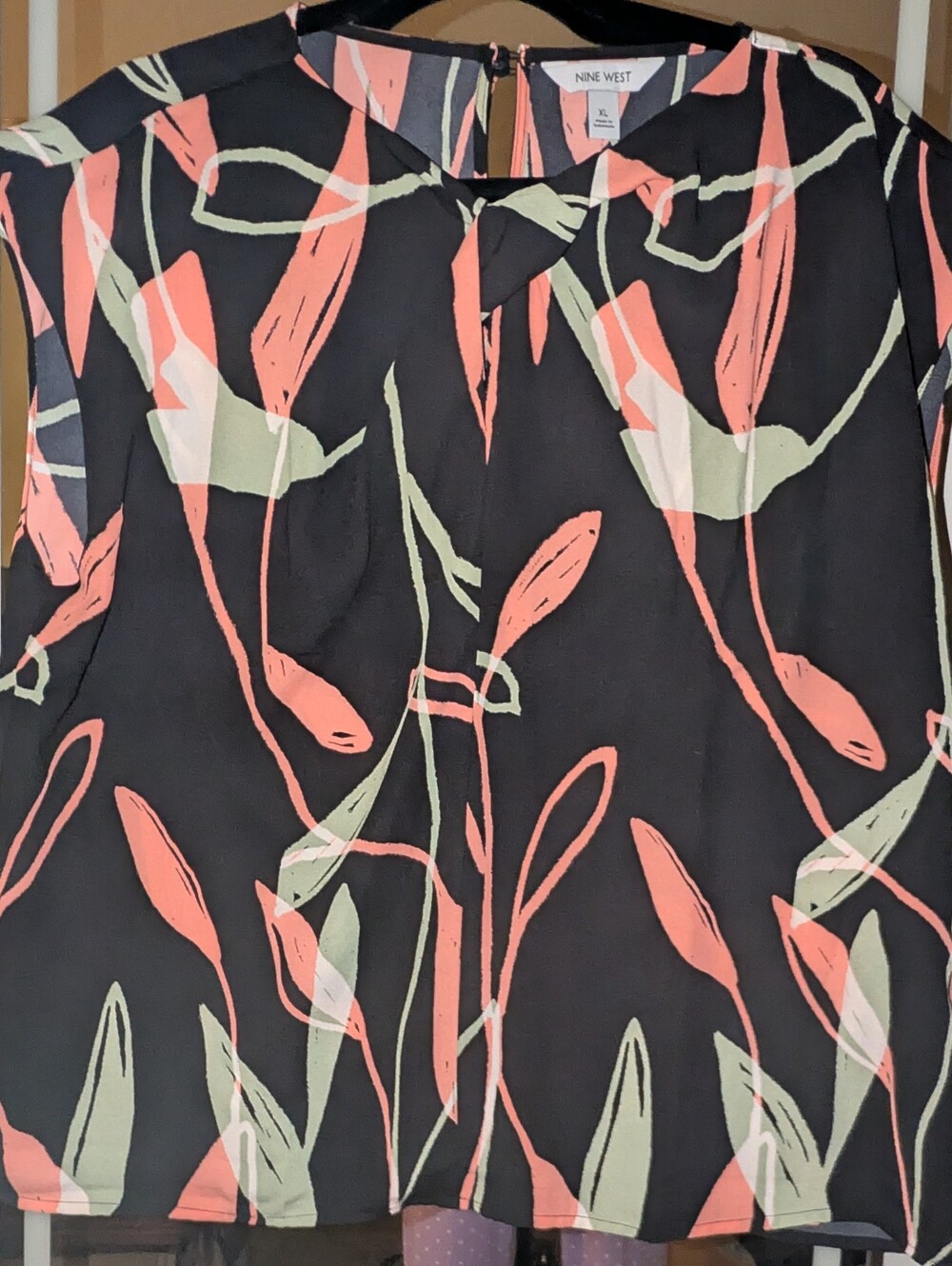 Nine West Black Blouse with Coral and Sage Floral Print